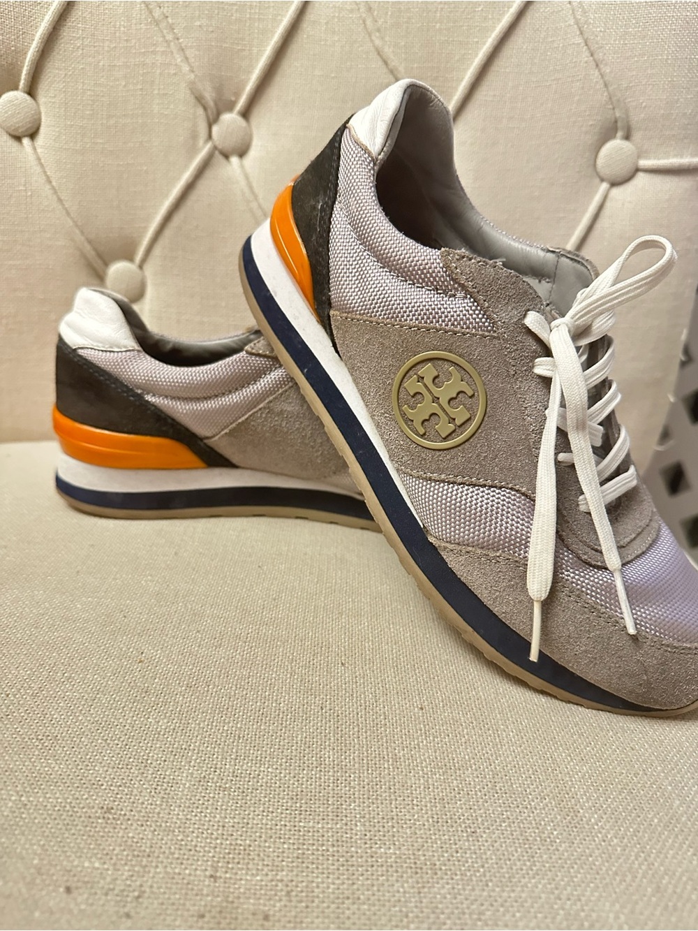Tory Burch Beige Suede & Mesh Sneakers with Orange Heel Detail